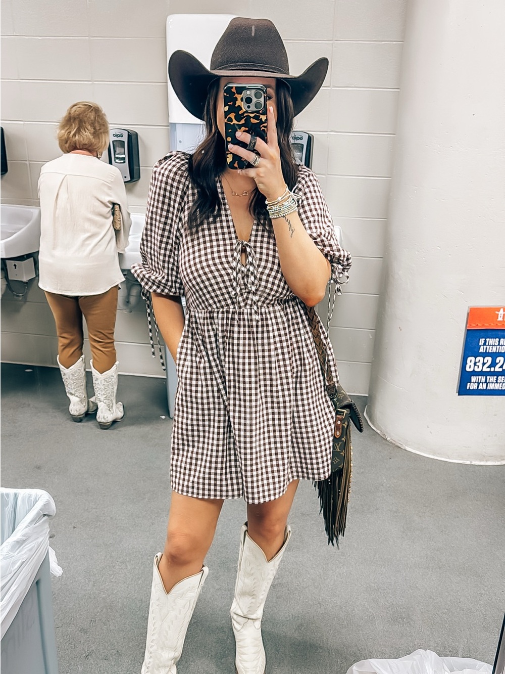 Gingham Tie-Front Mini Dress in Brown and White